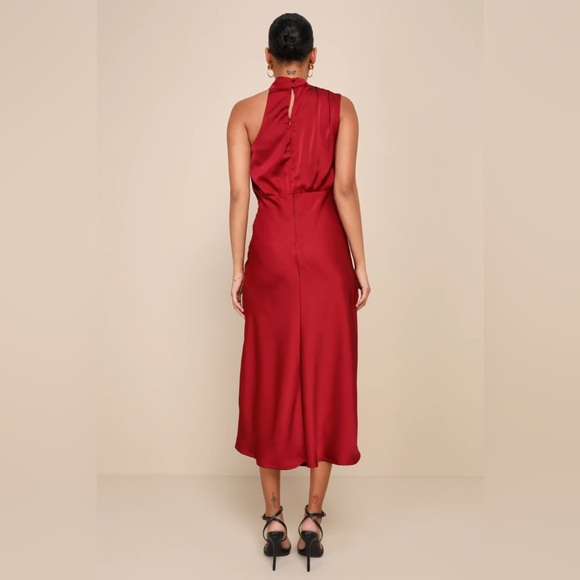 Lulus Distinctive Charm Burgundy Satin Asymmetrical Midi Dress - Picture 4 of 4